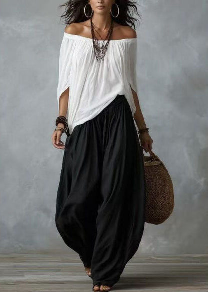 Organic White Slash Neck Top And Harem Pants Two Pieces Set Batwing Sleeve