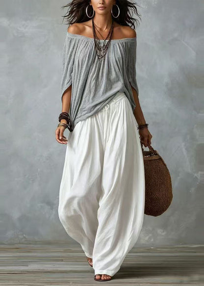 Organic White Slash Neck Top And Harem Pants Two Pieces Set Batwing Sleeve