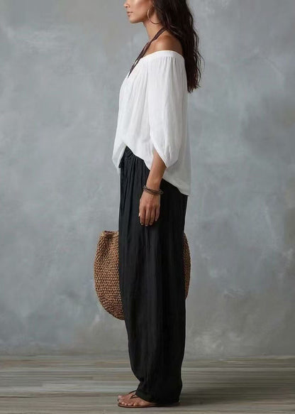 Organic White Slash Neck Top And Harem Pants Two Pieces Set Batwing Sleeve