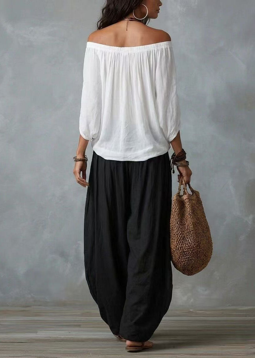 Organic White Slash Neck Top And Harem Pants Two Pieces Set Batwing Sleeve