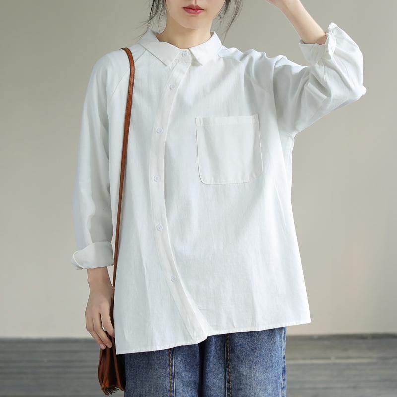 Organic White Tops Women Blouses Lapel Pockets Loose Spring Blouses - SooLinen