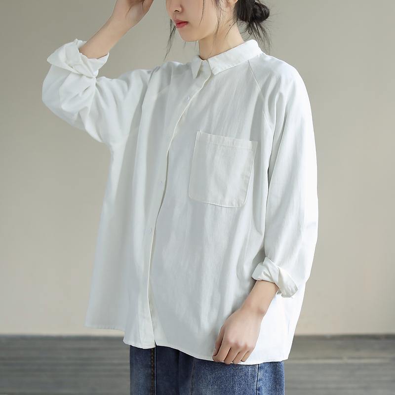 Organic White Tops Women Blouses Lapel Pockets Loose Spring Blouses - SooLinen