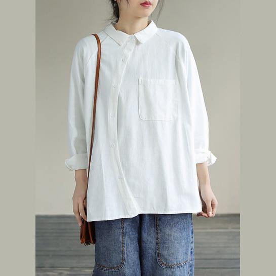 Organic White Tops Women Blouses Lapel Pockets Loose Spring Blouses - SooLinen