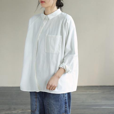 Organic White Tops Women Blouses Lapel Pockets Loose Spring Blouses - SooLinen