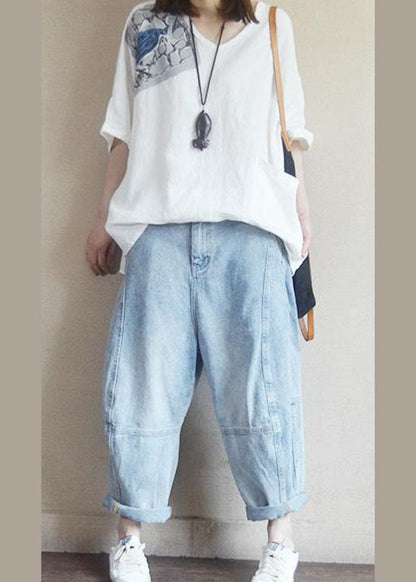 Bio-weißes V-Ausschnitt-Print, asymmetrisches Design, Herbst, Halbarm-Shirt-Tops