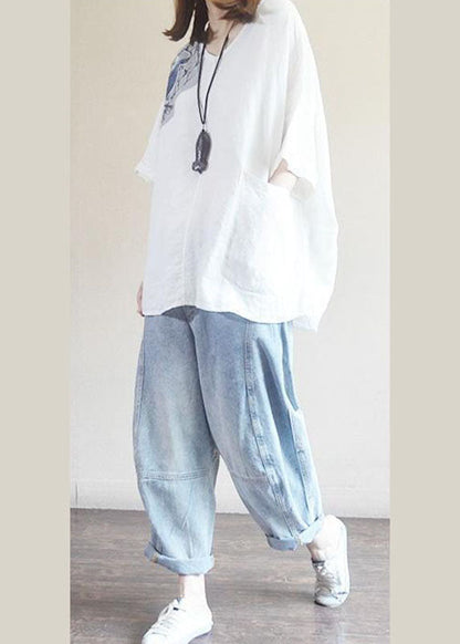 Bio-weißes V-Ausschnitt-Print, asymmetrisches Design, Herbst, Halbarm-Shirt-Tops