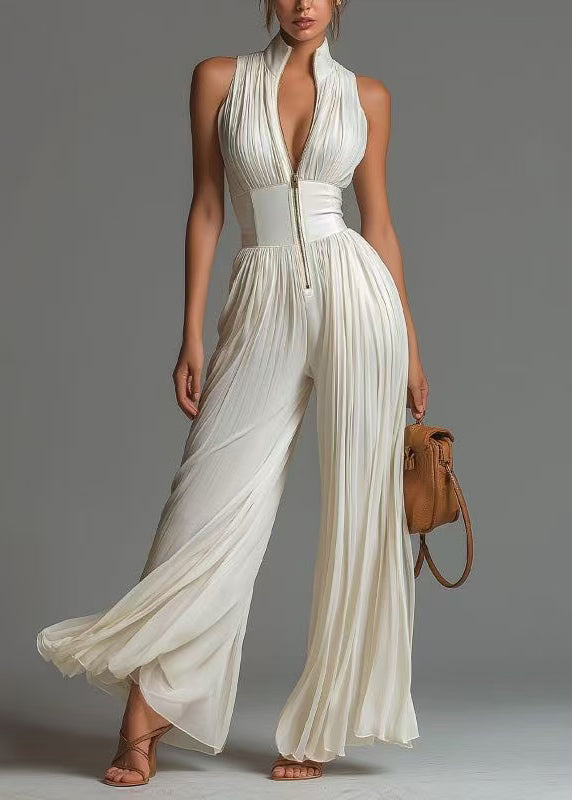 Organic White Wrinkled Zip Up Print Chiffon Jumpsuit Sleevelesse