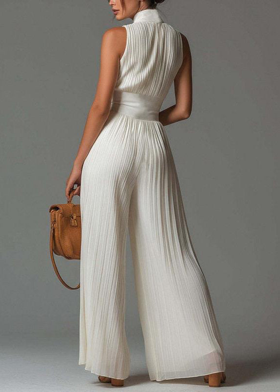 Organic White Wrinkled Zip Up Print Chiffon Jumpsuit Sleevelesse