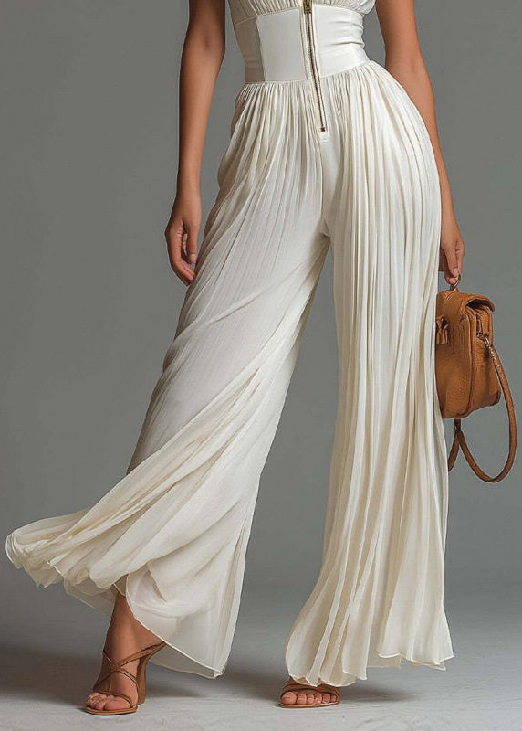 Organic White Wrinkled Zip Up Print Chiffon Jumpsuit Sleevelesse