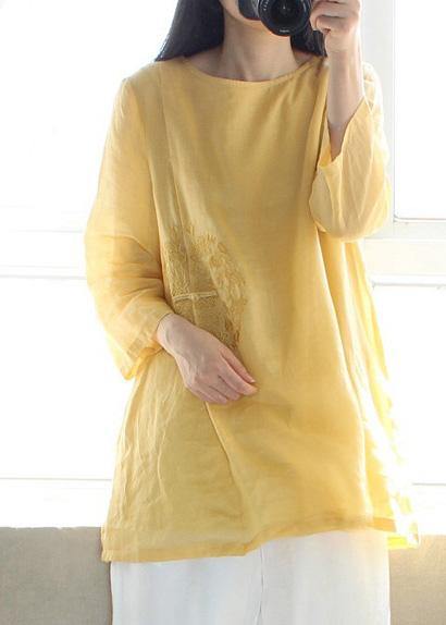 Organic Yellow Embroidery Tunic O Neck Sleeveless Art Shirts - SooLinen