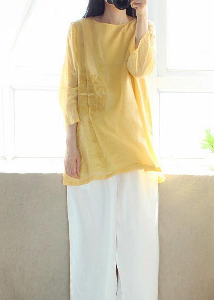 Organic Yellow Embroidery Tunic O Neck Sleeveless Art Shirts - SooLinen