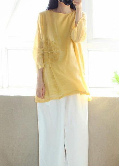 Organic Yellow Embroidery Tunic O Neck Sleeveless Art Shirts - SooLinen