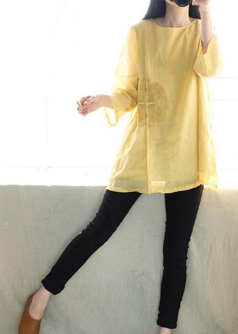 Organic Yellow Embroidery Tunic O Neck Sleeveless Art Shirts - SooLinen