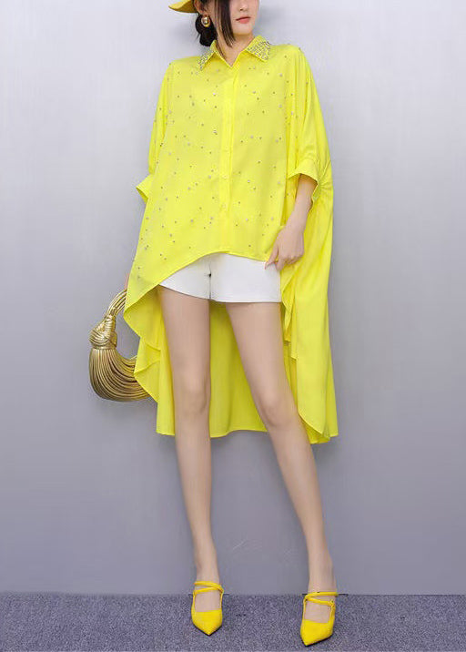 Organic Yellow Oversized Low High Design Shirts Batwing Sleeve