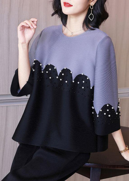 Organic Pink Pearl Beads Shirt Top Short Sleeve Blouse - SooLinen