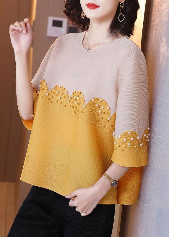 Organic Yellow Patchwork Nail bead Shirt Top Short Sleeve - SooLinen