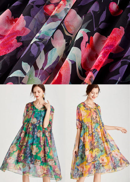 Organic Yellow Patchwork Print Summer Chiffon Dresses - SooLinen