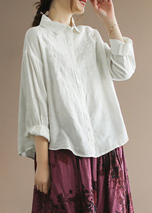 Camisas de lino orgánico amarillo con cuello Peter Pan y botones bordados de manga larga