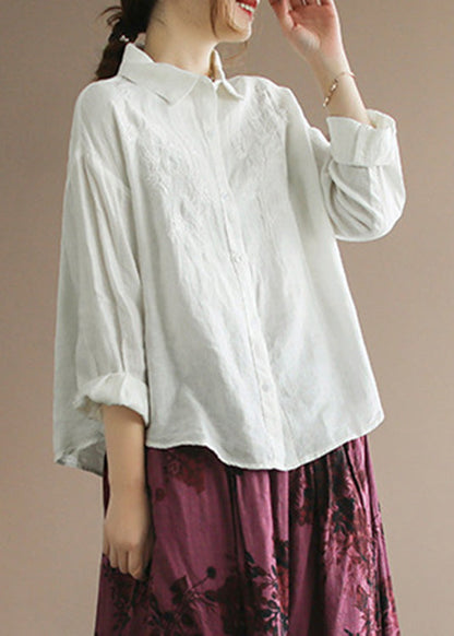 Camisas de lino orgánico amarillo con cuello Peter Pan y botones bordados de manga larga