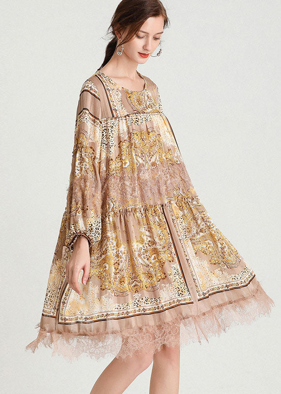 Bio-Gelbdruck Patchwork-Spitzen-Mittelkleid Herbst-Chiffonkleid