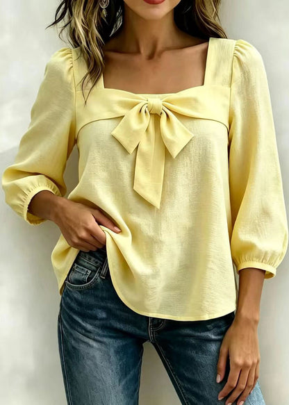 Organic Yellow Square Collar Bow Cotton Shirts Long Sleeve