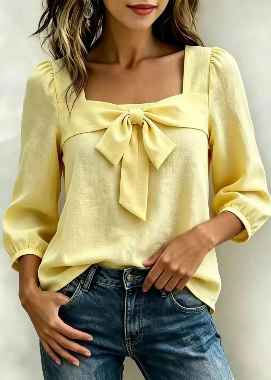 Organic Yellow Square Collar Bow Cotton Shirts Long Sleeve