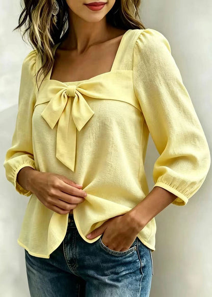 Organic Yellow Square Collar Bow Cotton Shirts Long Sleeve