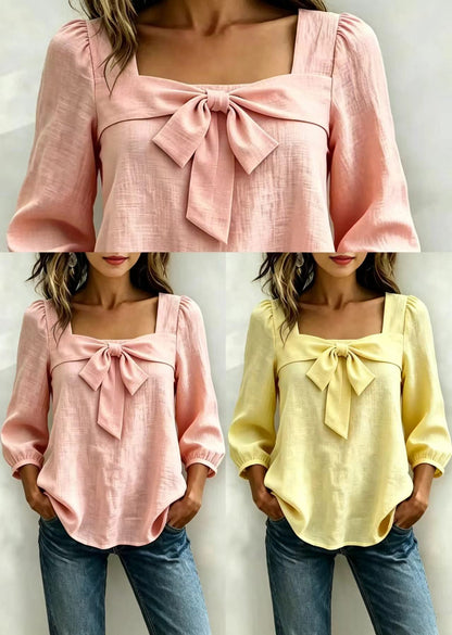 Organic Yellow Square Collar Bow Cotton Shirts Long Sleeve