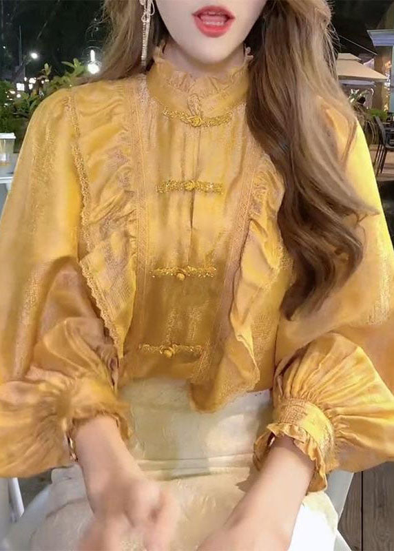 Bio-Gelb Stehkragen Knopf Rüschen Tops Laterne Ärmel