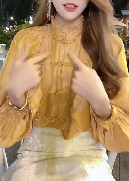 Bio-Gelb Stehkragen Knopf Rüschen Tops Laterne Ärmel