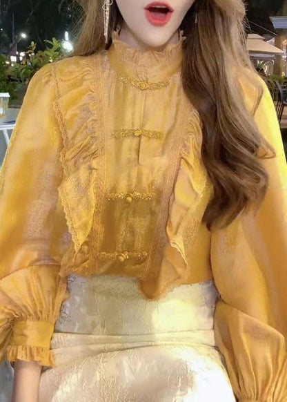 Bio-Gelb Stehkragen Knopf Rüschen Tops Laterne Ärmel