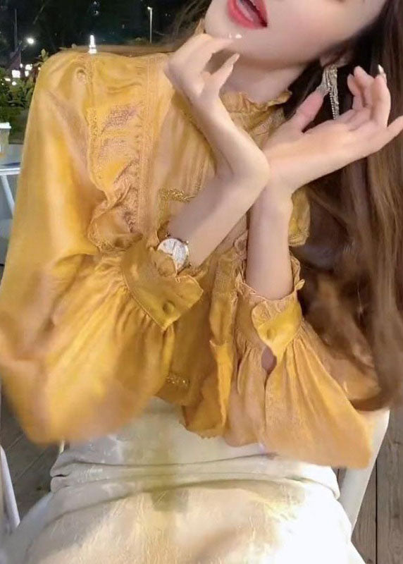 Bio-Gelb Stehkragen Knopf Rüschen Tops Laterne Ärmel