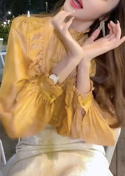 Bio-Gelb Stehkragen Knopf Rüschen Tops Laterne Ärmel