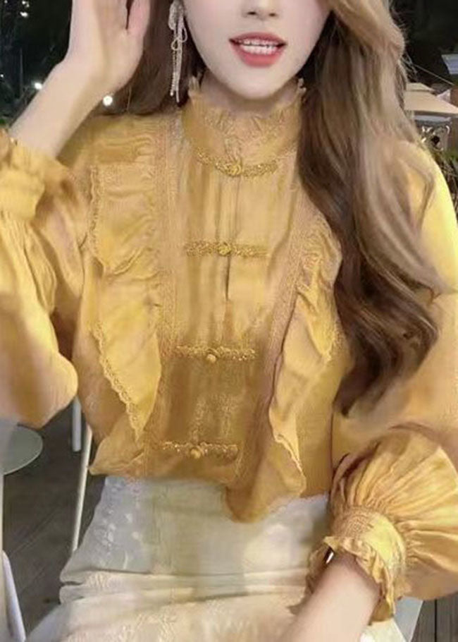 Bio-Gelb Stehkragen Knopf Rüschen Tops Laterne Ärmel