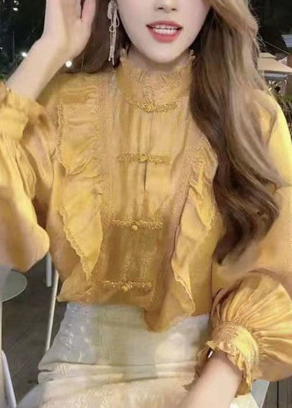 Bio-Gelb Stehkragen Knopf Rüschen Tops Laterne Ärmel