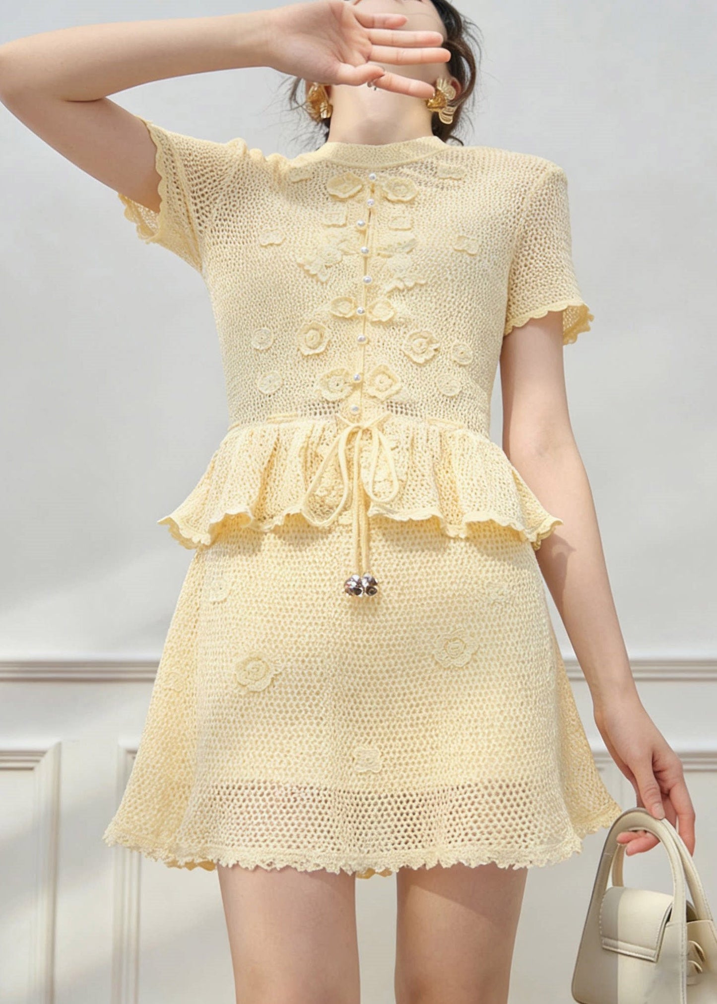 Organic Yellow Tie Waist Knit Top And Skirts Two Pieces Set Short Sleeve