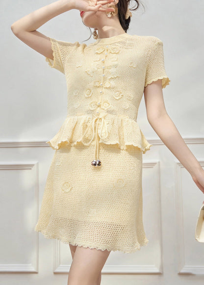 Organic Yellow Tie Waist Knit Top And Skirts Two Pieces Set Short Sleeve