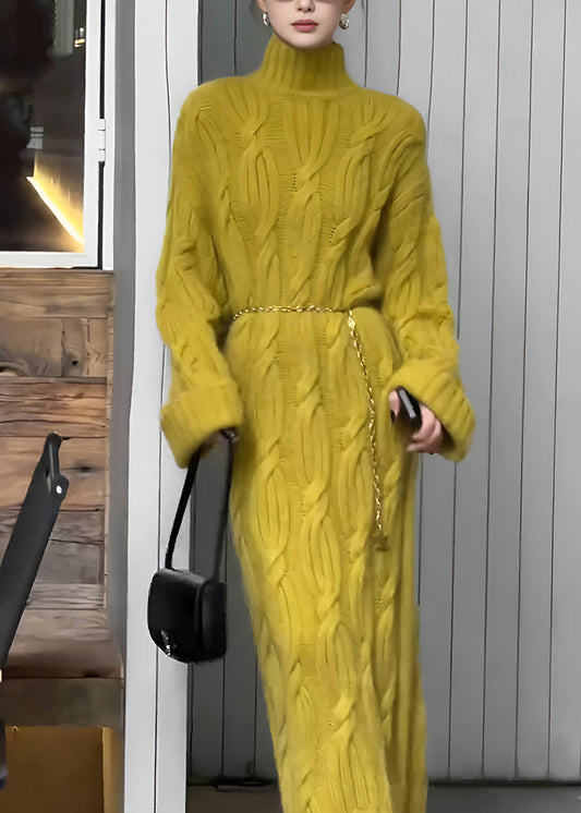 Organic Yellow Turtleneck Tunic Cotton Knit Long Sweater Dress Fall