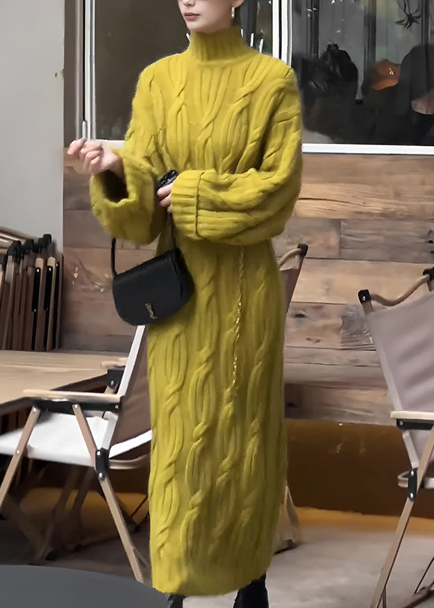 Organic Yellow Turtleneck Tunic Cotton Knit Long Sweater Dress Fall