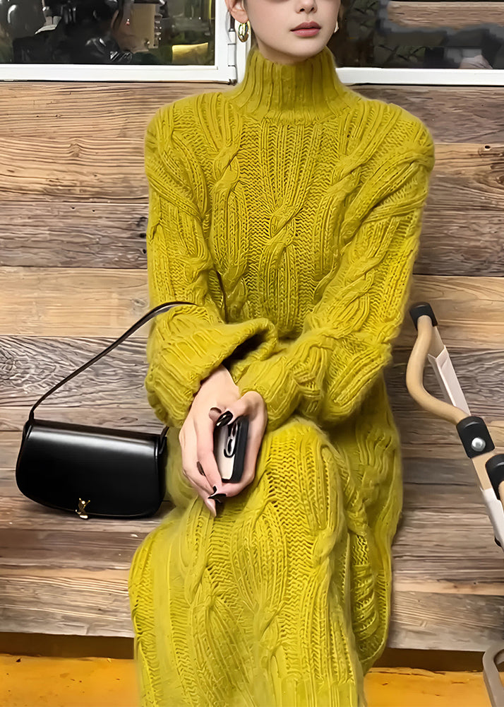 Organic Yellow Turtleneck Tunic Cotton Knit Long Sweater Dress Fall