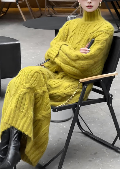 Organic Yellow Turtleneck Tunic Cotton Knit Long Sweater Dress Fall