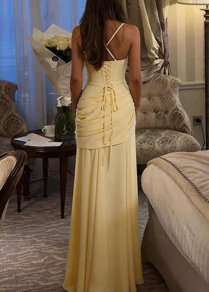 Organic Yellow Wrinkled Lace Up Cotton Maxi Dress Summer
