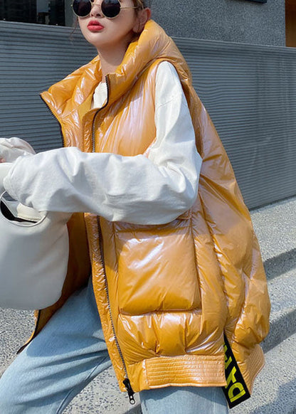 Bio-Gelbe Winter-Pufferweste mit Kapuze und Reißverschluss, niedriges und hohes Design