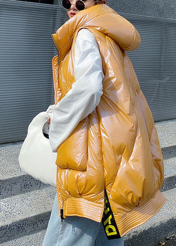 Bio-Gelbe Winter-Pufferweste mit Kapuze und Reißverschluss, niedriges und hohes Design