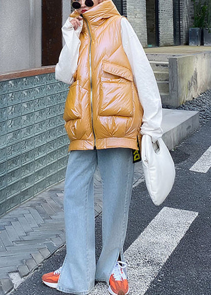 Bio-Gelbe Winter-Pufferweste mit Kapuze und Reißverschluss, niedriges und hohes Design