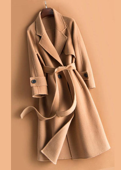 Organic beige Plus Size crane Woolen Coats Work Notched tie waist women Woolen Coats - SooLinen