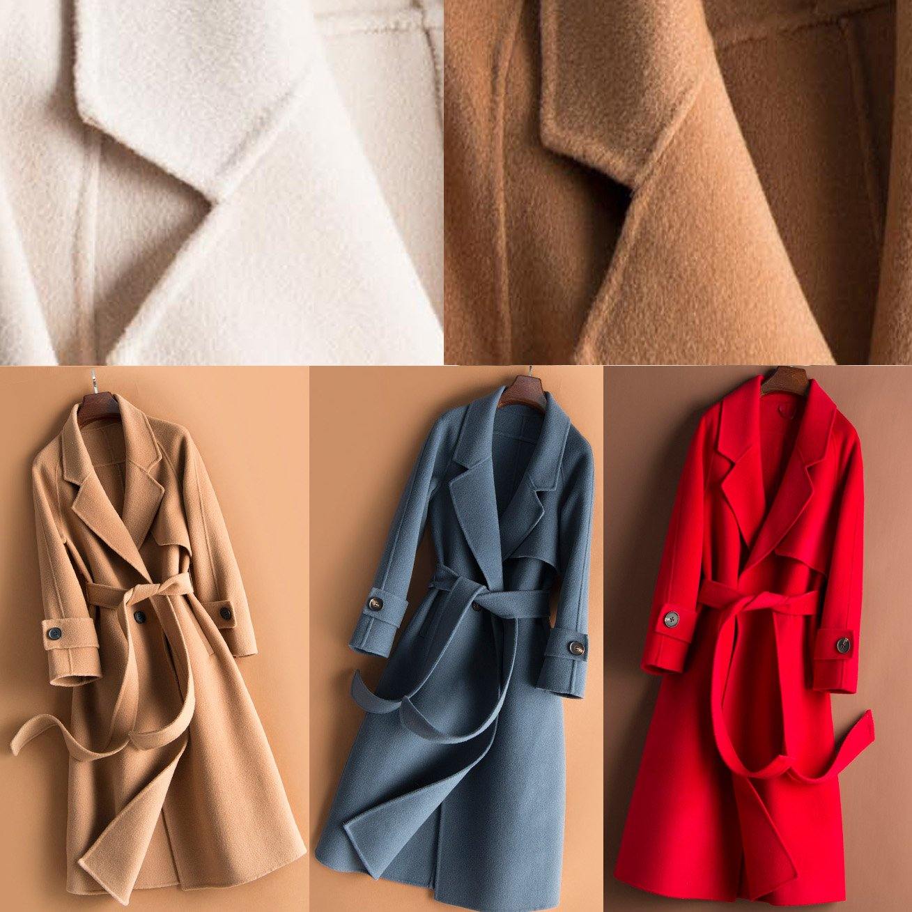 Organic beige Plus Size crane Woolen Coats Work Notched tie waist women Woolen Coats - SooLinen