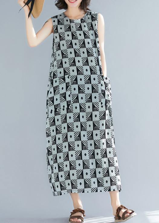 Organic black Geometric cotton o neck sleeveless long summer Dresses - SooLinen