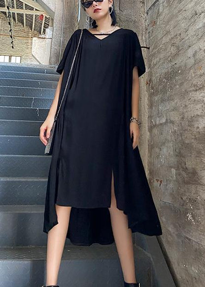 Organic black Tunics v neck Cinched Maxi summer Dresses - SooLinen