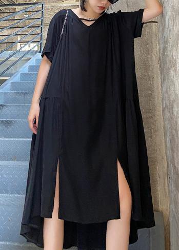 Organic black Tunics v neck Cinched Maxi summer Dresses - SooLinen